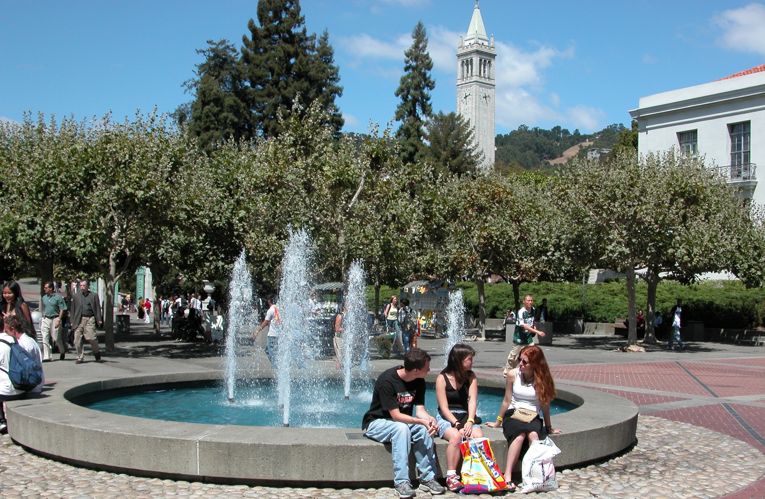 Image of students sitting on the fountain located on Sproul Plaza